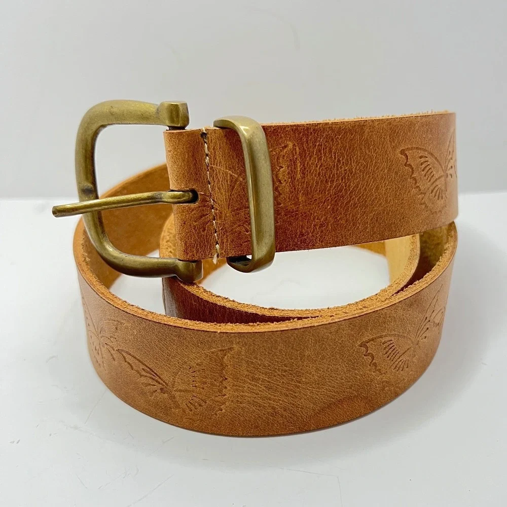 Tan Genuine Leather Butterfly Embossed Belt Solid Brass Buckle‎ Medium Large
